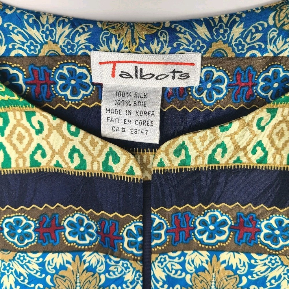 Vtg Talbots Silk Blazer Jacket Womens Large Blue Green Baroque Print Lined - Picture 5 of 6
